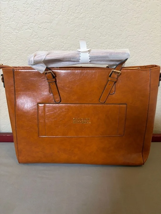 Badgley Mischka Cognac Leather Tote with Buckle Strap Detail - Picture 2 of 4